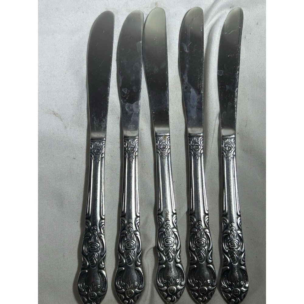 Vintage Imperial Stainless Japan IMI Set 4 Pattern Floral Scroll Dinner Knives